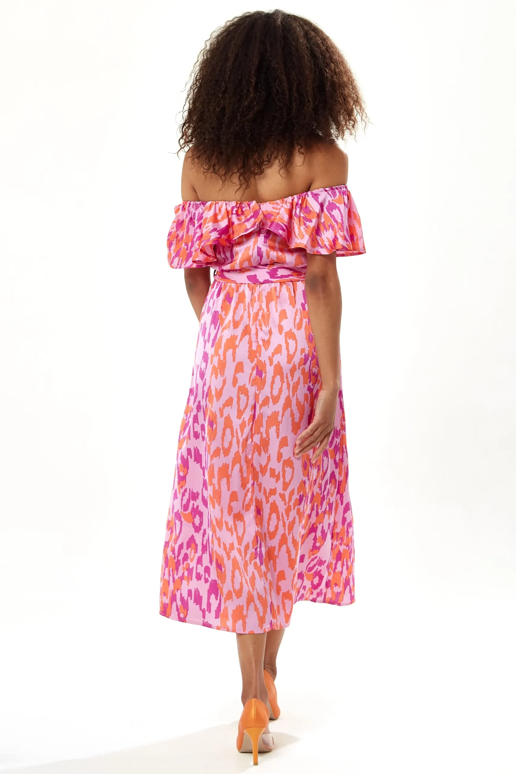 Women's Midi Dress with Off Shoulder Sleeves in Pink Animal Print, Stylish and Chic - Liquorish