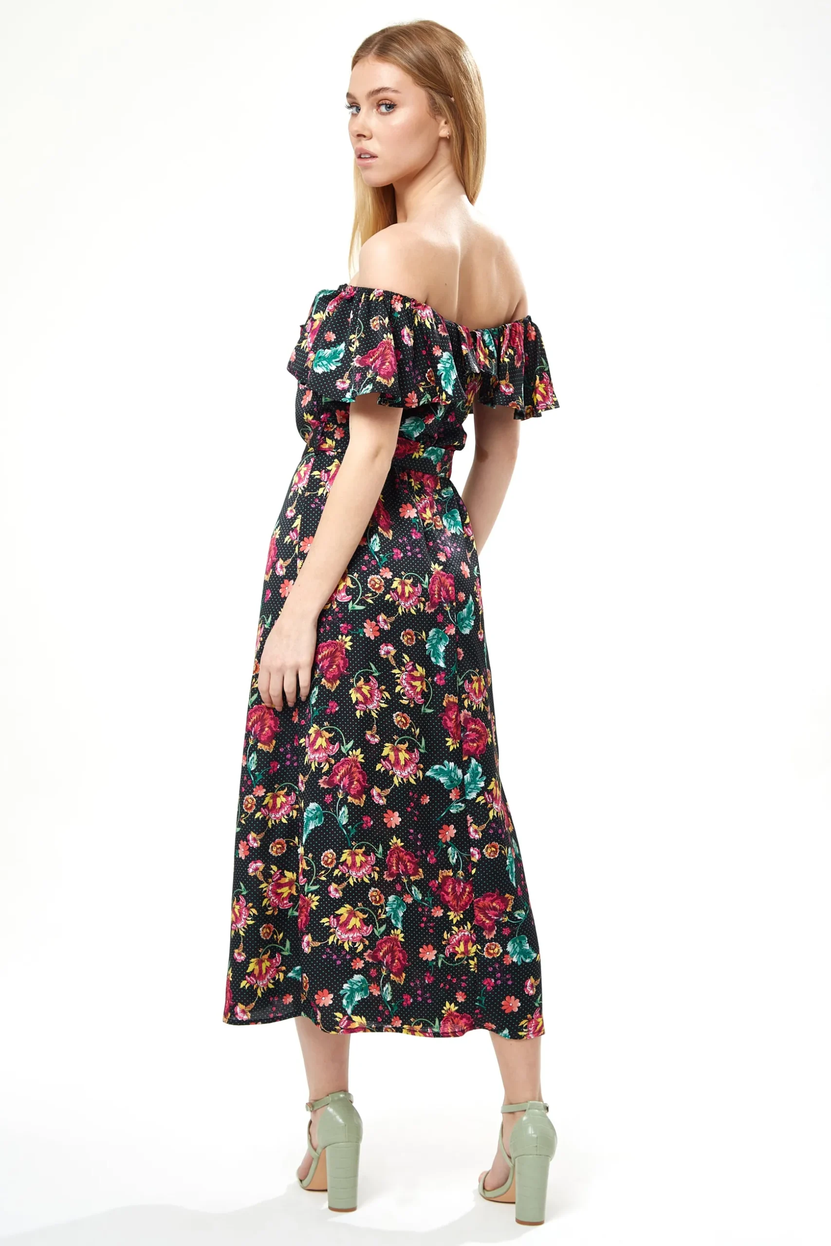 Women’s Midi Dress with Off Shoulder Sleeves in Black Floral Print - Liquorish