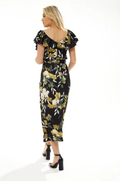 Women's Midi Dress with Off Shoulder Sleeves in Navy Floral Print - Liquorish