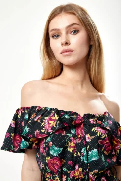 Women’s Midi Dress with Off Shoulder Sleeves in Black Floral Print - Liquorish