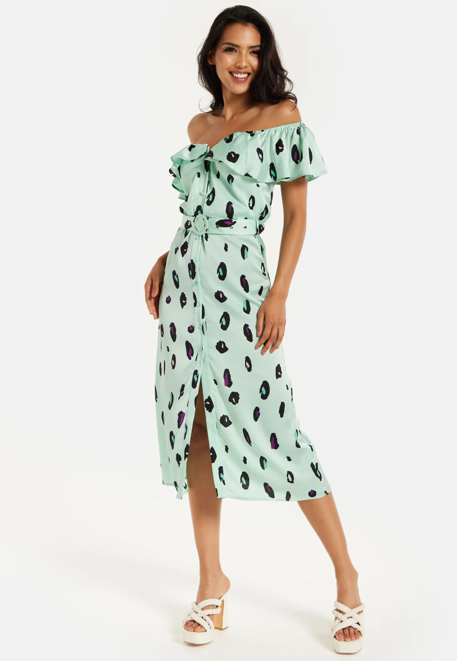 Women's Midi Dress with Off Shoulder Sleeves in Mint Animal Print - Liquorish