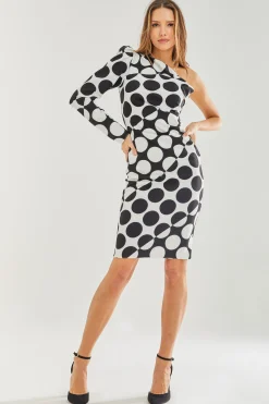 Women's Midi Dress with One Sleeve in Black and White Spot Print - Liquorish