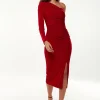Women's Midi Dress with One Long Sleeve in Red - Asymmetric Style by Liquorish
