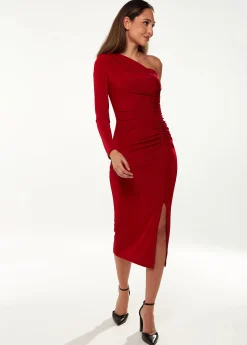 Women's Midi Dress with One Long Sleeve in Red - Asymmetric Style by Liquorish