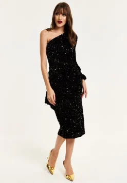 Women's Midi Dress with One Shoulder and Zip-Side in Black Sequin Velvet - Perfect for Any Occasion by Liquorish