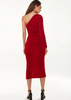 Women's Midi Dress with One Long Sleeve in Red - Asymmetric Style by Liquorish