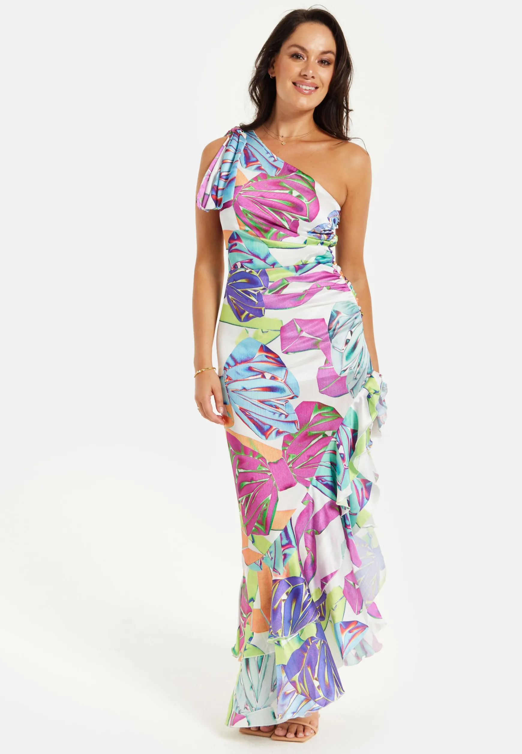 Women’s Midi Dress with One Shoulder Frill and Bow Print, Asymmetric Length, Slim Fit Design