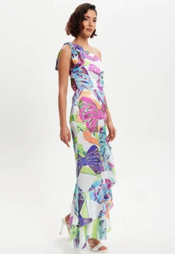Women’s Midi Dress with One Shoulder Frill and Bow Print, Asymmetric Length, Slim Fit Design