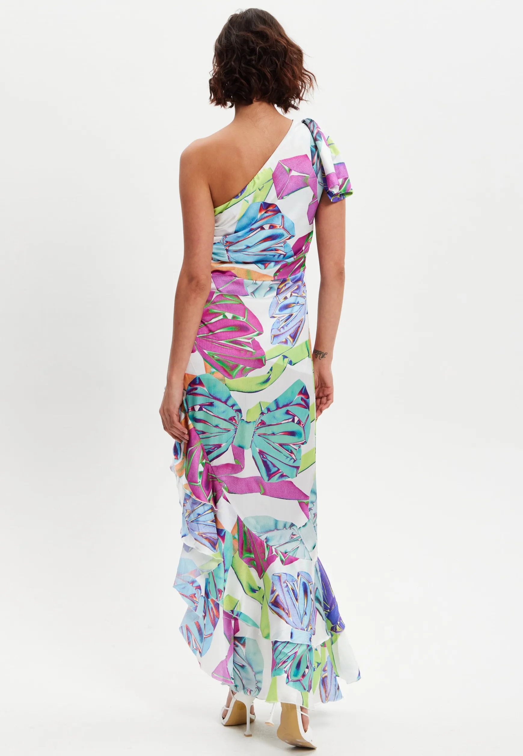 Women’s Midi Dress with One Shoulder Frill and Bow Print, Asymmetric Length, Slim Fit Design