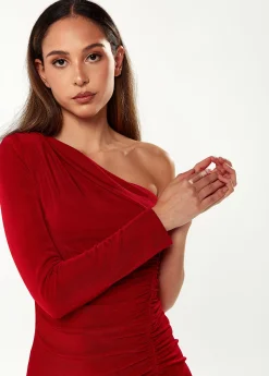 Women's Midi Dress with One Long Sleeve in Red - Asymmetric Style by Liquorish