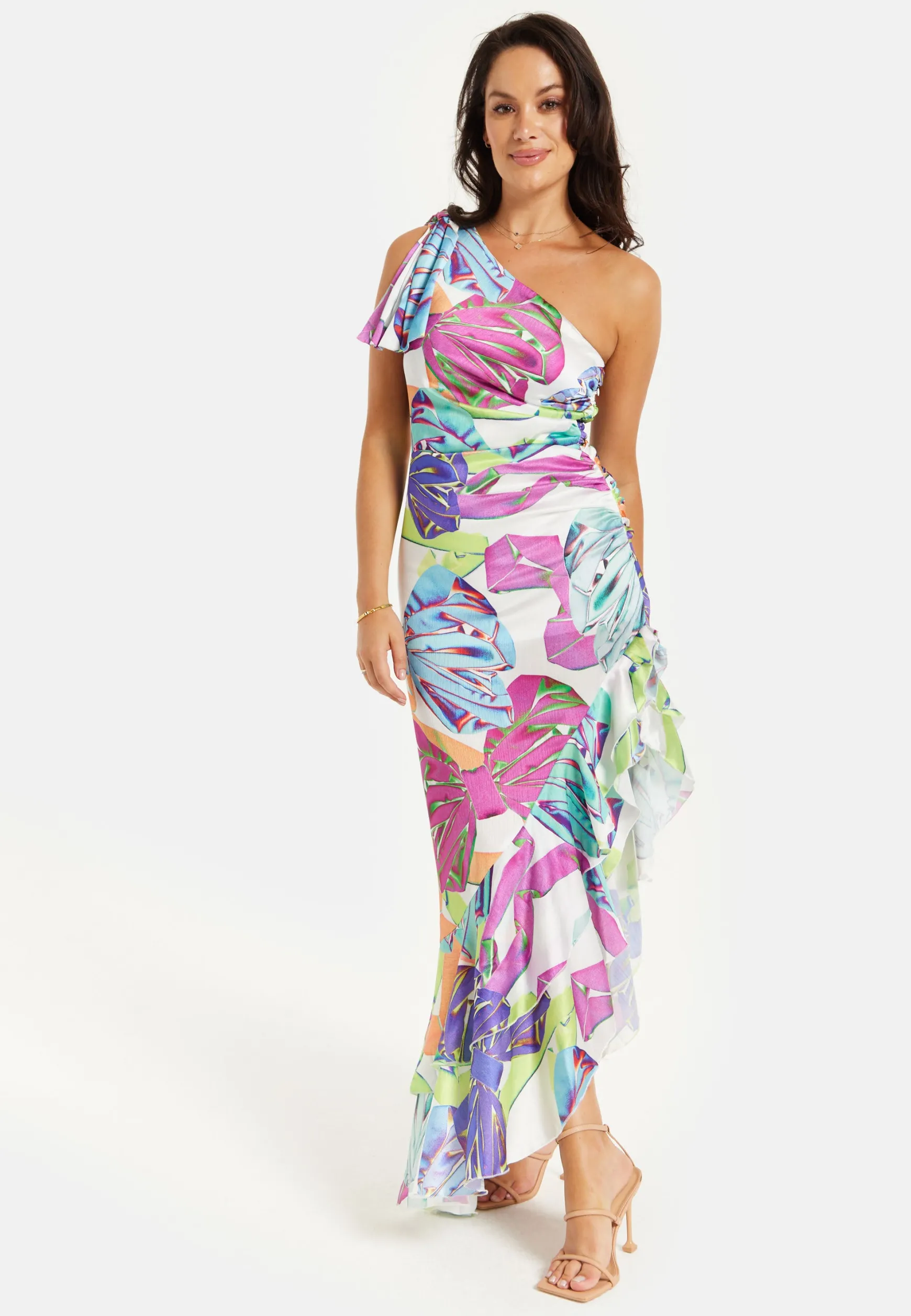 Women’s Midi Dress with One Shoulder Frill and Bow Print, Asymmetric Length, Slim Fit Design