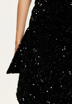 Women's Midi Dress with One Shoulder and Zip-Side in Black Sequin Velvet - Perfect for Any Occasion by Liquorish