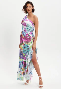 Women’s Midi Dress with One Shoulder Frill and Bow Print, Asymmetric Length, Slim Fit Design