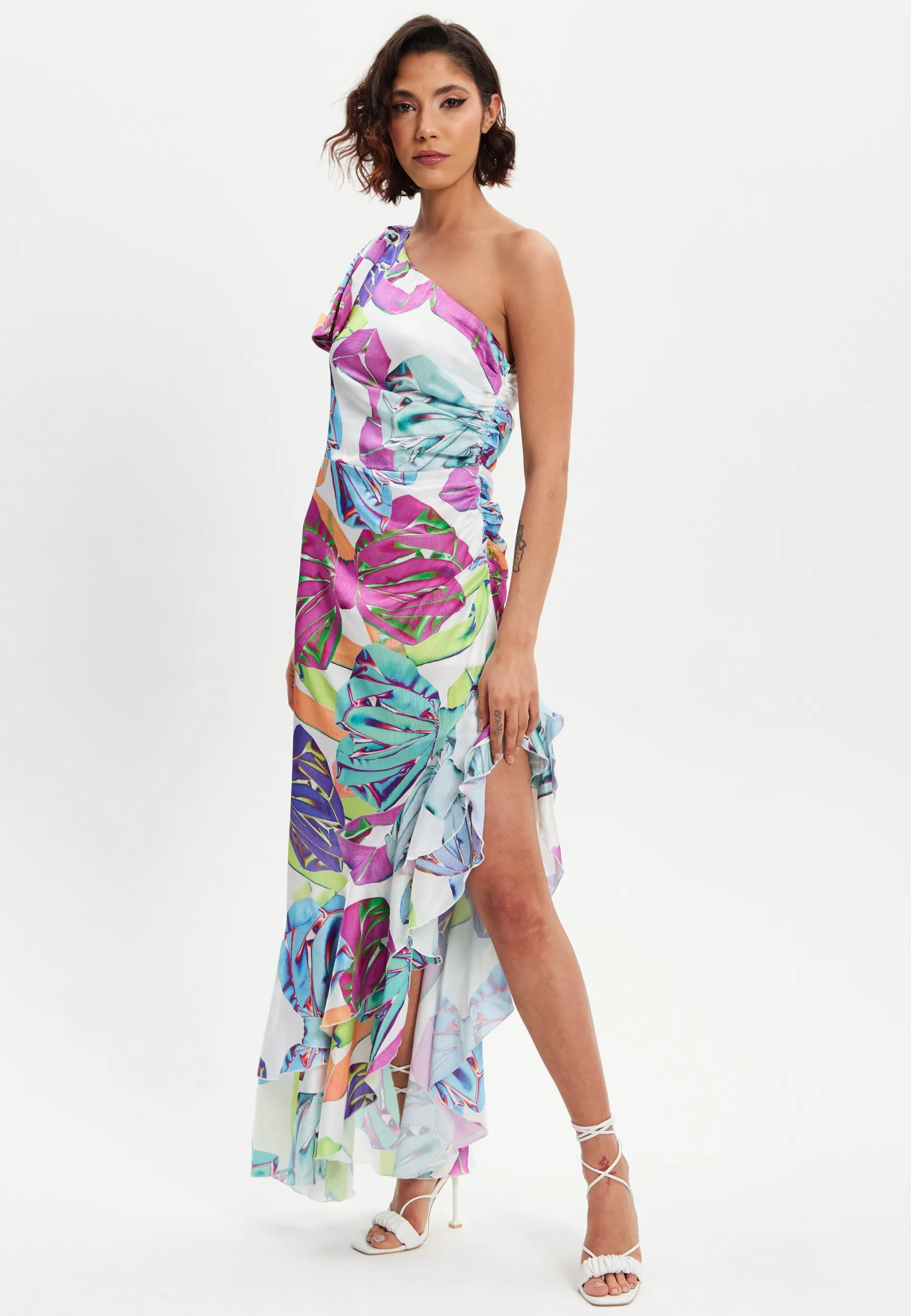 Women’s Midi Dress with One Shoulder Frill and Bow Print, Asymmetric Length, Slim Fit Design