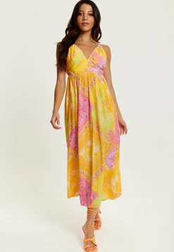 Women's Midi Dress with Open Back and Sleeveless Design in Yellow and Pink - Perfect Summer Style by Liquorish