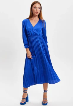 Women's Midi Dress with Pleat Details and V-Neck in Royal Blue - Liquorish