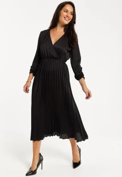 Women's Midi Dress with Pleat Details in Black, V Neck and Sleeveless Design, by Liquorish