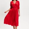 Women's Midi Dress with Pleat Details and V Neckline in Red - Stylish Regular Fit, Short Sleeve, by Liquorish