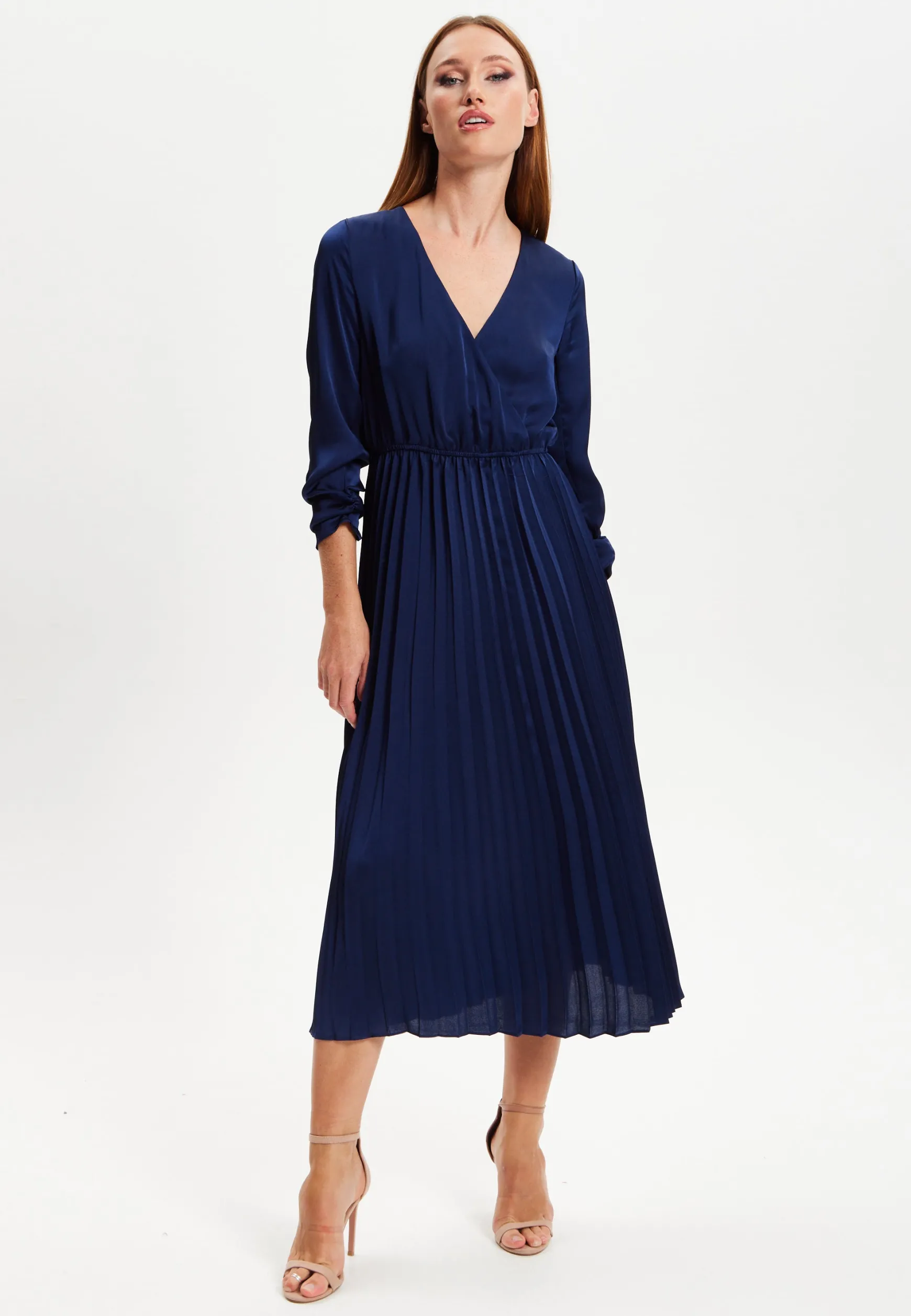 Women's Midi Dress with Pleat Details in Navy, V Neck and Regular Fit, Perfect for Any Occasion - Liquorish