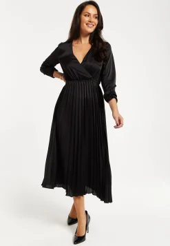 Women's Midi Dress with Pleat Details in Black, V Neck and Sleeveless Design, by Liquorish