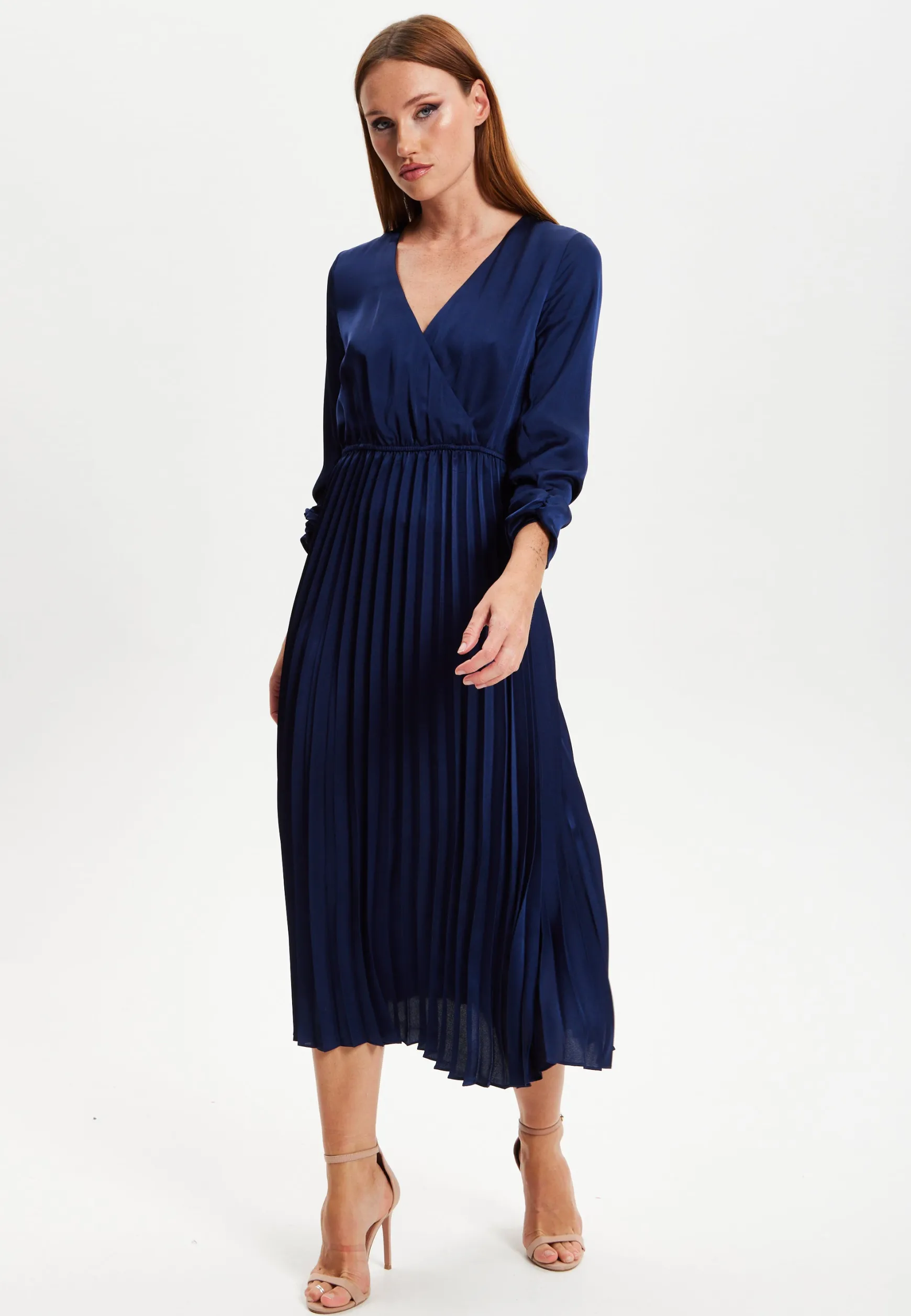 Women's Midi Dress with Pleat Details in Navy, V Neck and Regular Fit, Perfect for Any Occasion - Liquorish