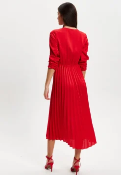 Women's Midi Dress with Pleat Details and V Neckline in Red - Stylish Regular Fit, Short Sleeve, by Liquorish