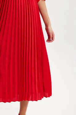 Women's Midi Dress with Pleat Details and V Neckline in Red - Stylish Regular Fit, Short Sleeve, by Liquorish