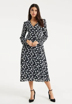 Women's Midi Dress with Puffy Sleeves in Black - Floral and Heart Print by Liquorish