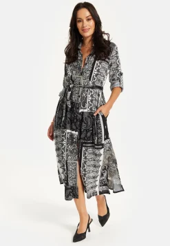 Women's Midi Dress with Scarf Print, Button Through Front, Tie Waist, Roll-Up Sleeves, Elegant Viscose Fabric