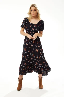 Women's Midi Dress with Short Sleeves and Floral Print in Black - Stylish Cut Out Back by Liquorish