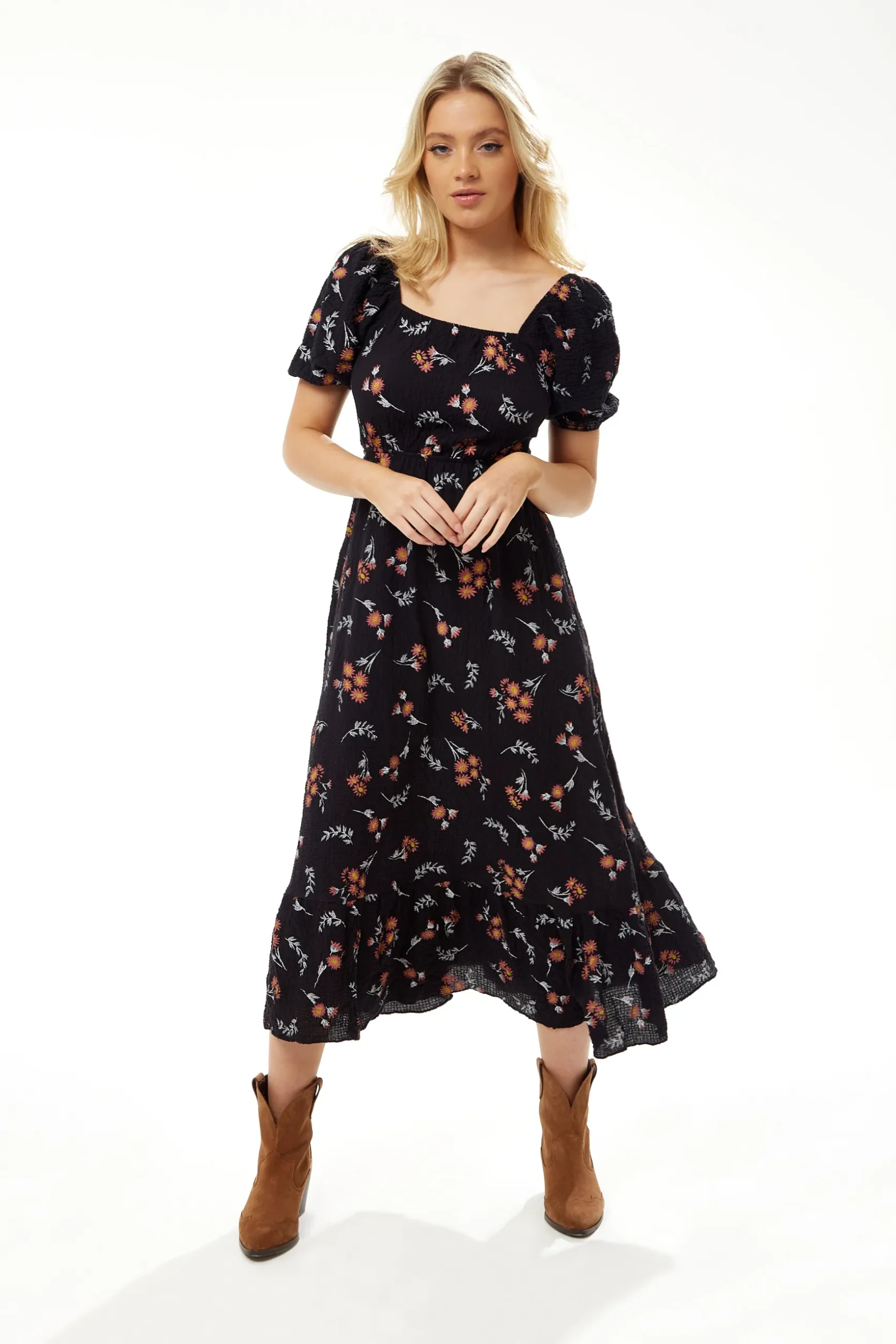 Women's Midi Dress with Short Sleeves and Floral Print in Black - Stylish Cut Out Back by Liquorish