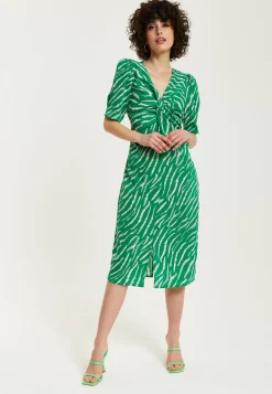 Women's Midi Dress with Short Sleeves in Green Zebra Print and Knot Front Design - Liquorish