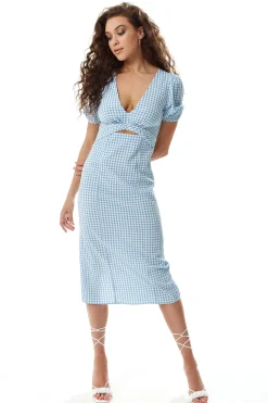 Women's Midi Dress with Short Sleeves and Cut Out Front in Blue and White - Liquorish