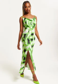 Women's Midi Dress with Slit Front, Cowl Neck, Abstract Green & Black Print, Adjustable Strap, Sleeveless Design - Liquorish