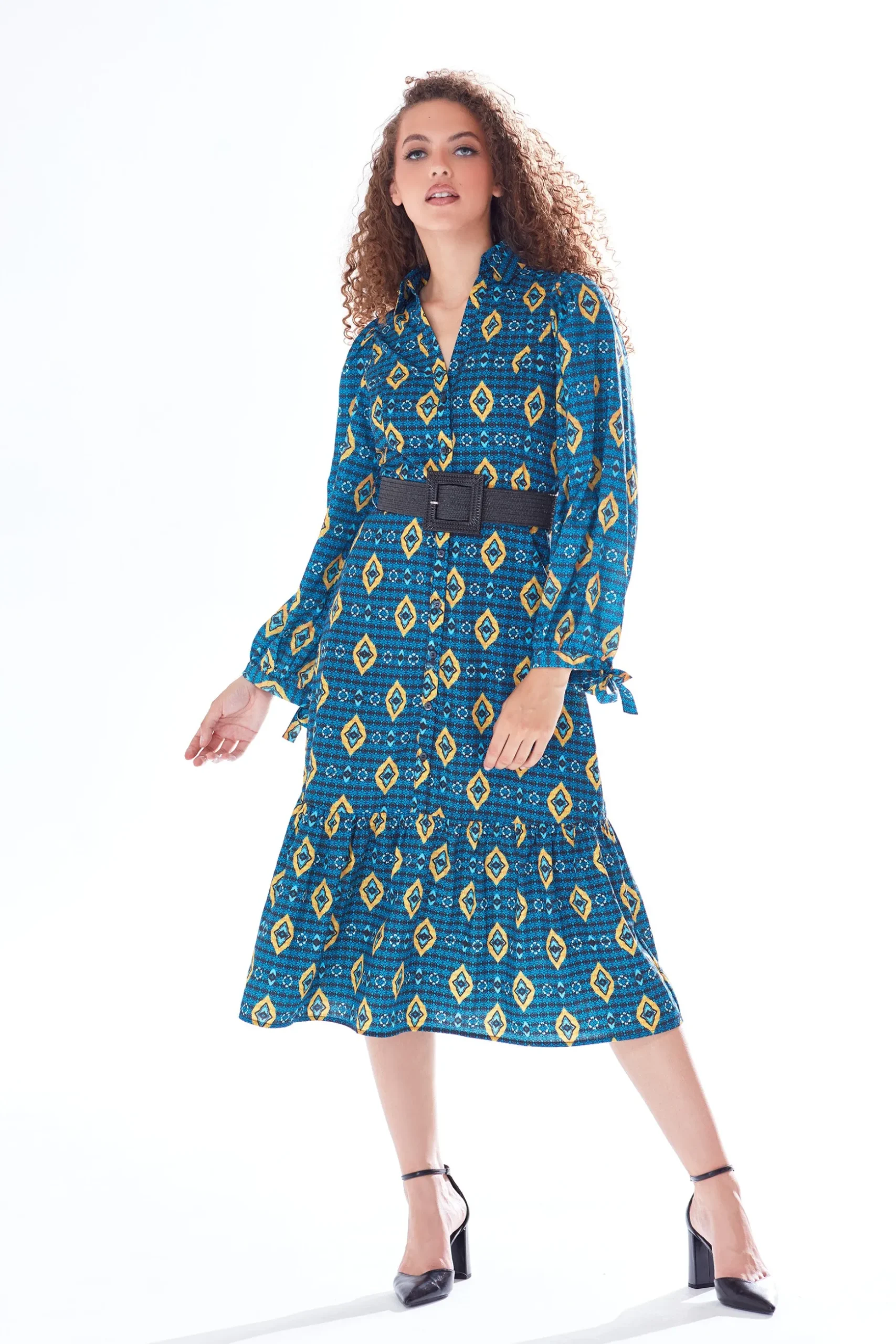 Women's Midi Dress with Sleeveless Design in Blue, Yellow & Navy - Tiered Skirt Detail by Liquorish