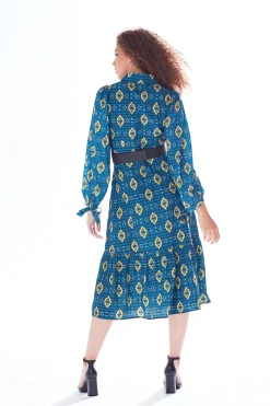 Women's Midi Dress with Sleeveless Design in Blue, Yellow & Navy - Tiered Skirt Detail by Liquorish