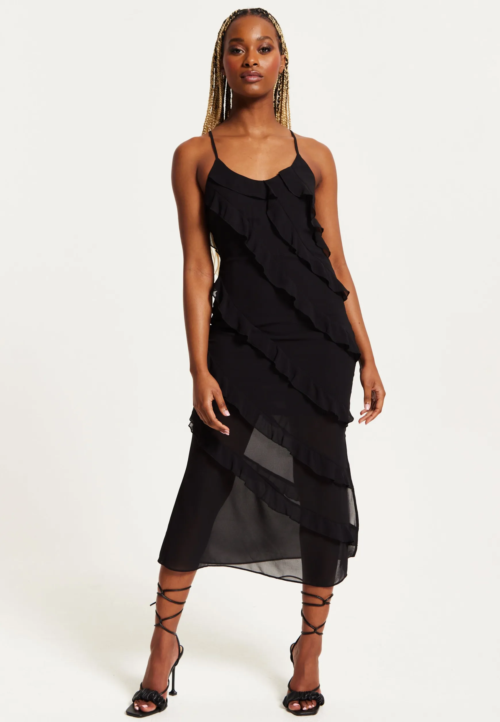 Women's Midi Dress with Spaghetti Straps and Diagonal Frill Detail in Black - Liquorish