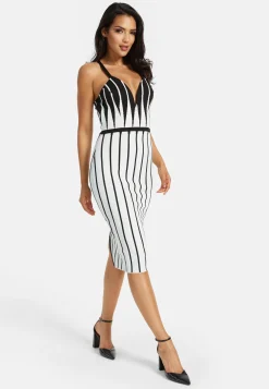 Women's Midi Dress with Spaghetti Straps in Black and White Stripes - Chic Knitted Design by Liquorish