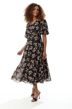 Women's Midi Dress with Tie Waist and Short Sleeves in Navy - Floral Print, Regular Fit by Liquorish
