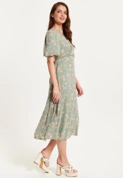Women's Midi Dress with Tie Waist and Short Sleeves in Mint Green - Liquorish