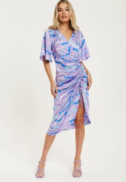 Women's Midi Dress with V Neck and Kimono Sleeves in Lilac Abstract Zebra Print, Perfect for Weddings - Liquorish