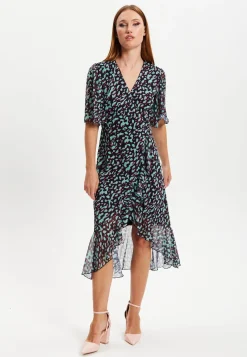 Women's Midi Dress with V-Neck and Long Sleeves in Animal Print Organza - Liquorish