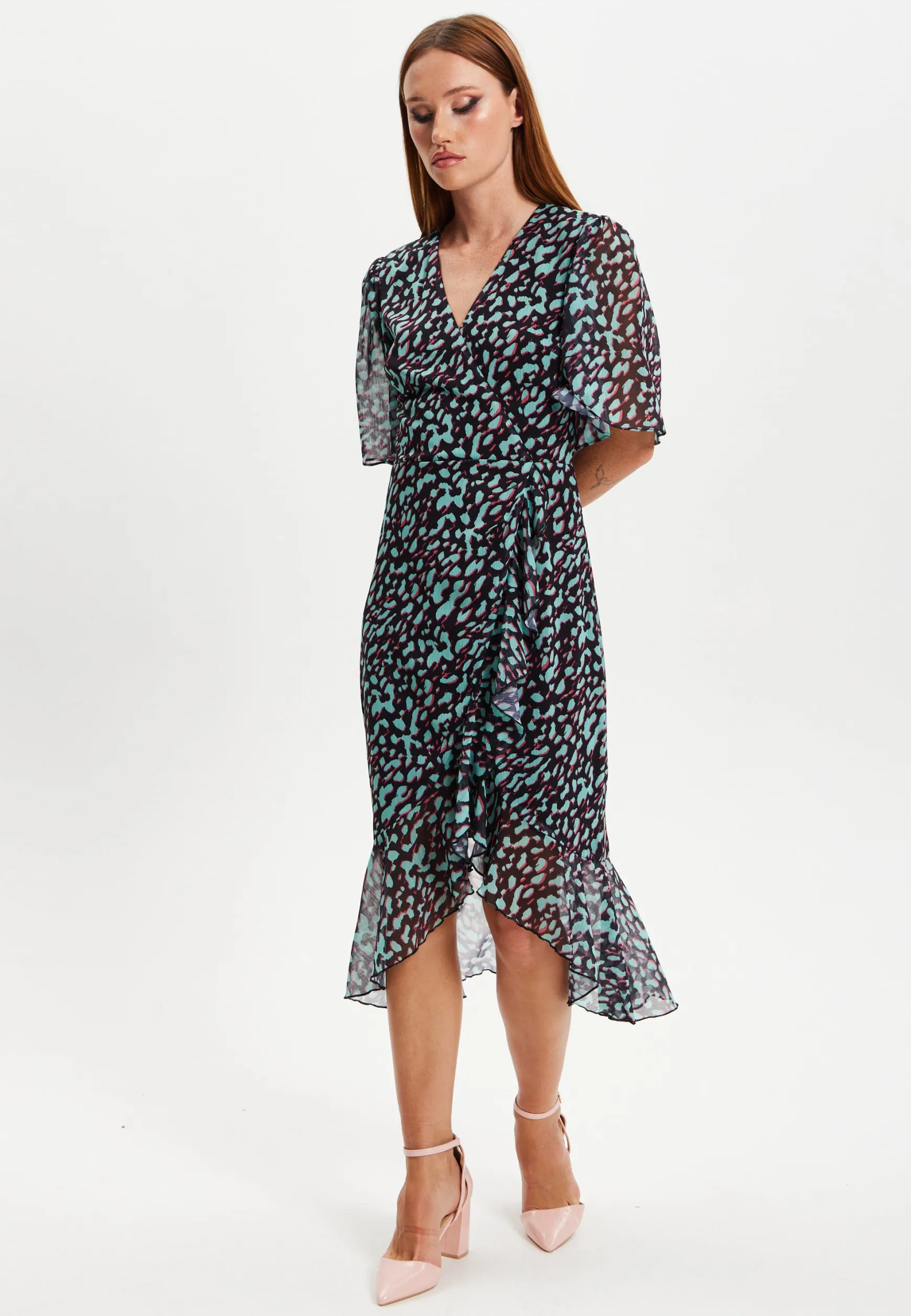 Women's Midi Dress with V-Neck and Long Sleeves in Animal Print Organza - Liquorish