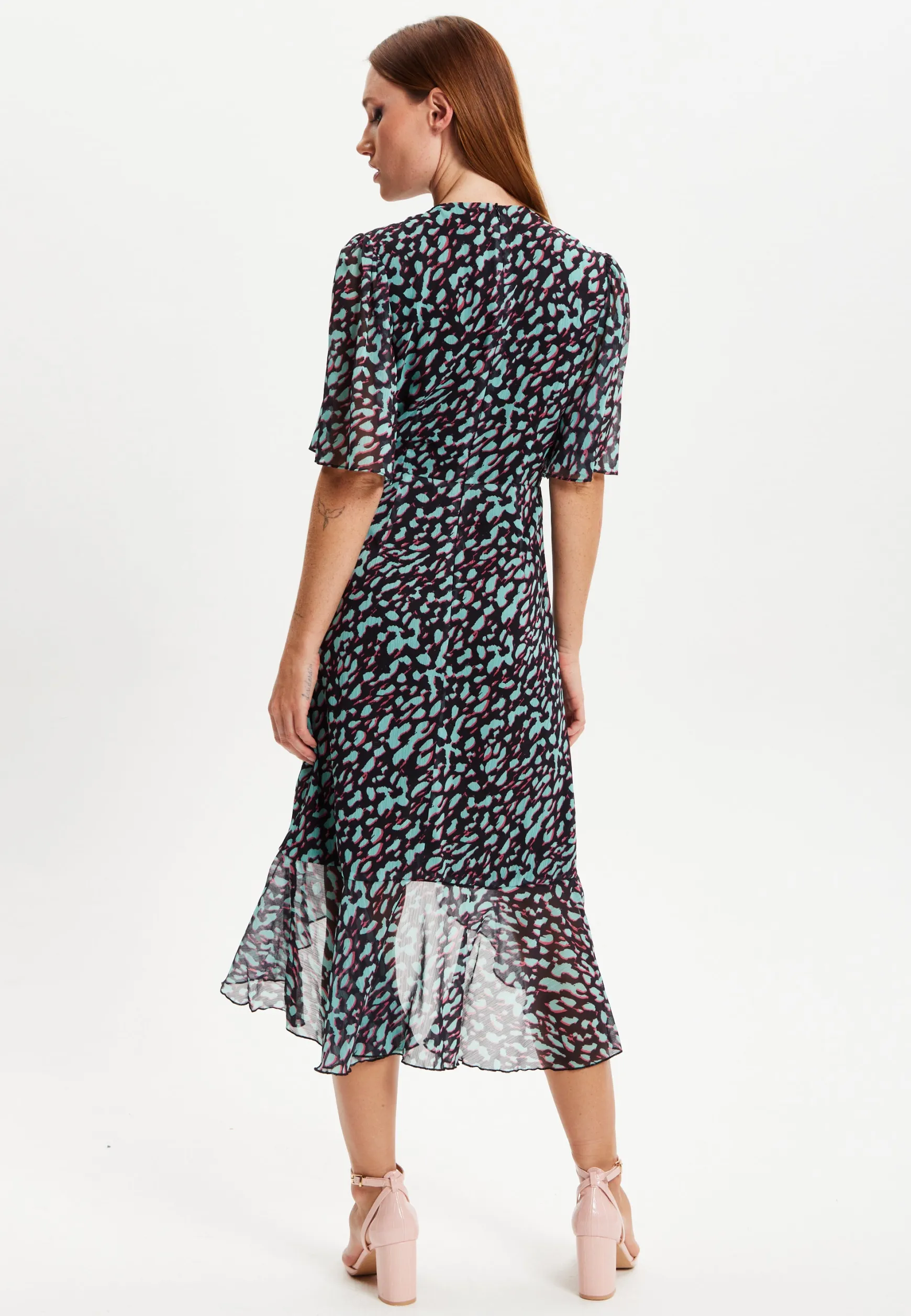 Women's Midi Dress with V-Neck and Long Sleeves in Animal Print Organza - Liquorish