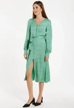 Women’s Midi Jacquard Dress in Mint with V-Neckline, Puffy Sleeves, and Front Slit