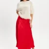Women's Midi Length Red Satin Bias Cut Skirt with Elasticated Waist – Regular Fit, 100% Viscose, Liquorish