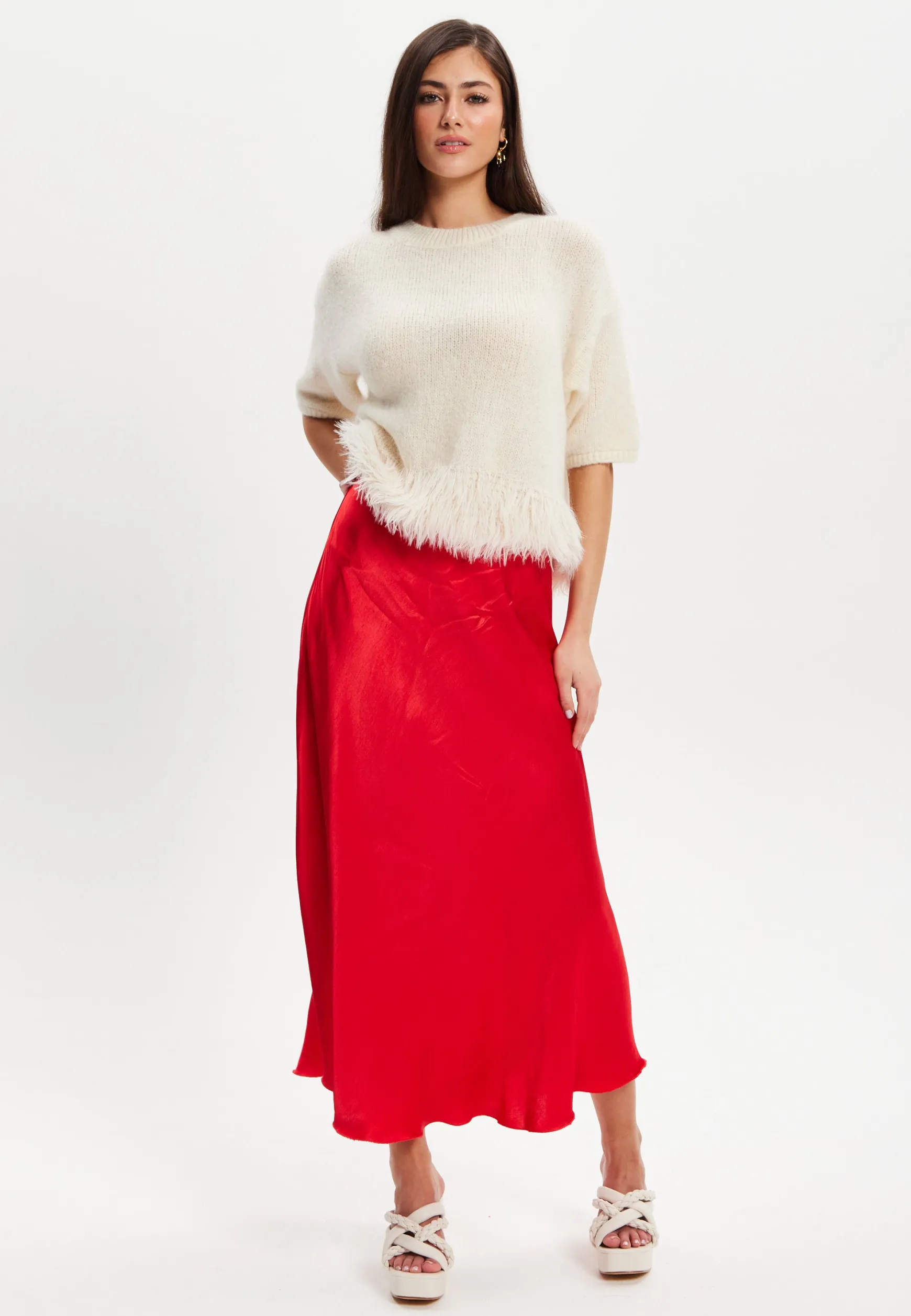Women's Midi Length Red Satin Bias Cut Skirt with Elasticated Waist – Regular Fit, 100% Viscose, Liquorish