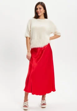 Women's Midi Length Red Satin Bias Cut Skirt with Elasticated Waist – Regular Fit, 100% Viscose, Liquorish
