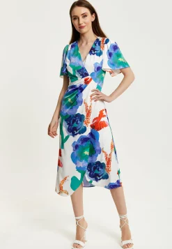 Women's Midi Wrap Dress - White Floral Print with Short Sleeves, Front Slit & Flattering Fit - Liquorish