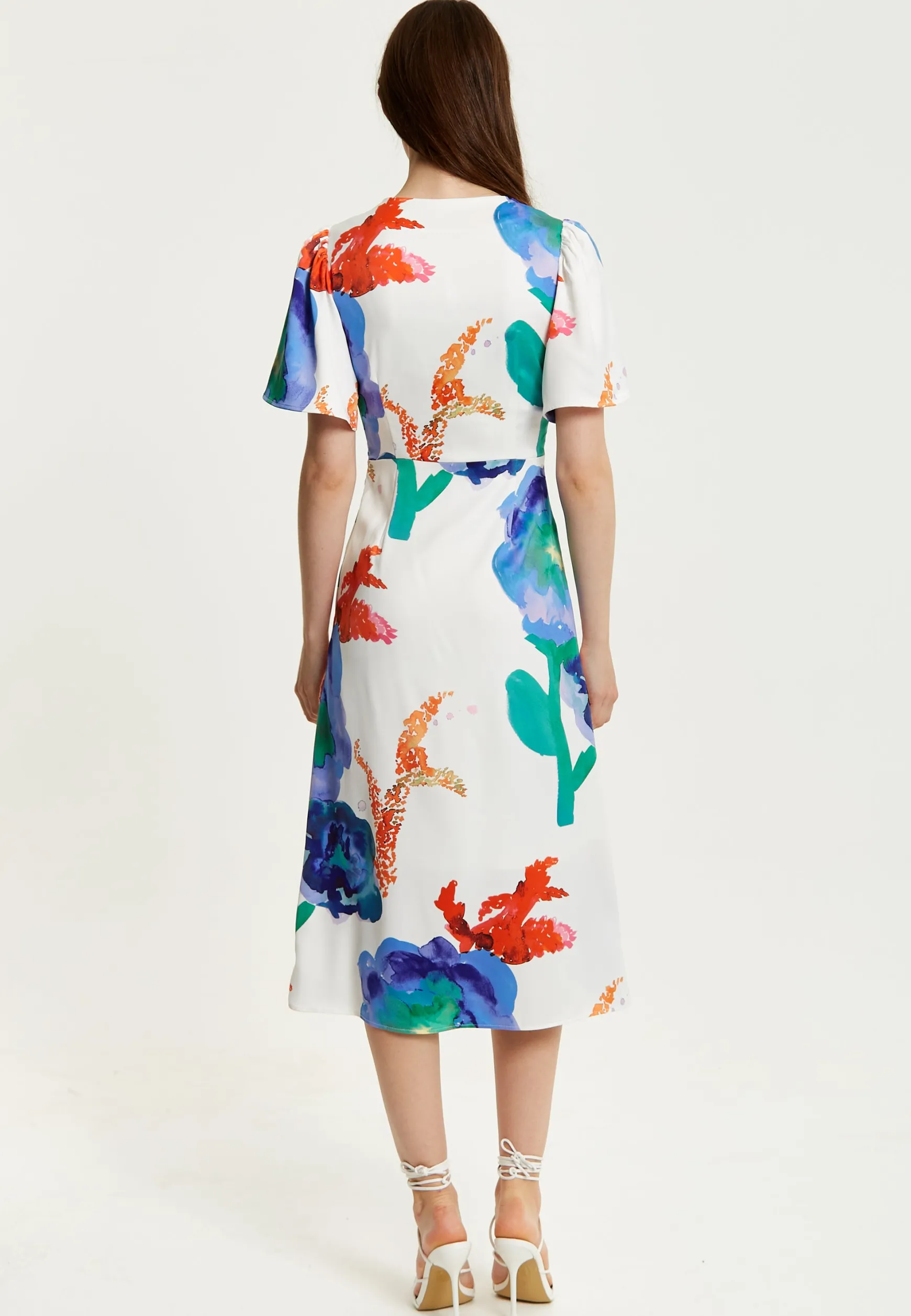 Women's Midi Wrap Dress - White Floral Print with Short Sleeves, Front Slit & Flattering Fit - Liquorish